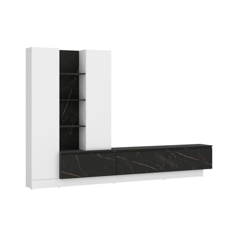 Trendstore Wiara Wohnwand in Dekor Alpinweiß mit Absetzung in Keramik San Sebastian Nachbildung - Perspektivansicht