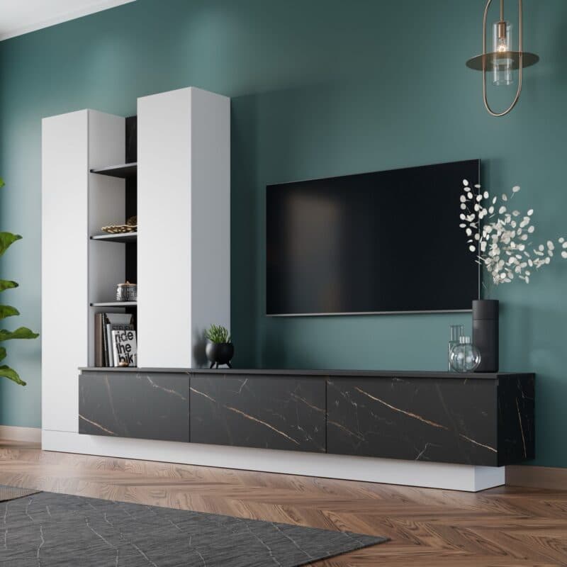 Trendstore Wiara Wohnwand in Dekor Alpinweiß mit Absetzung in Keramik San Sebastian Nachbildung - Wohnbeispiel