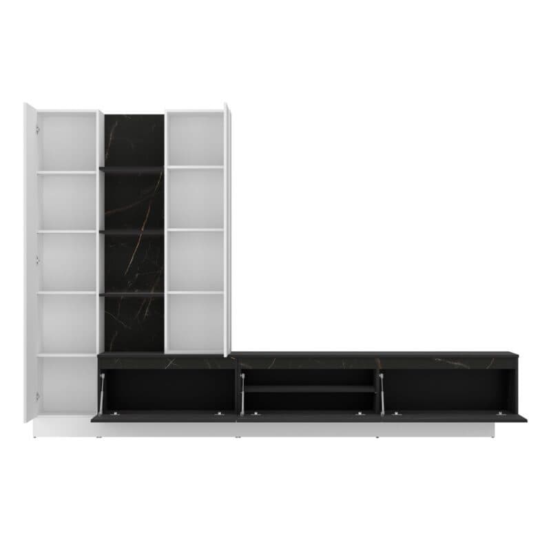 Trendstore Wiara Wohnwand in Dekor Alpinweiß mit Absetzung in Keramik San Sebastian Nachbildung - Frontansicht offen