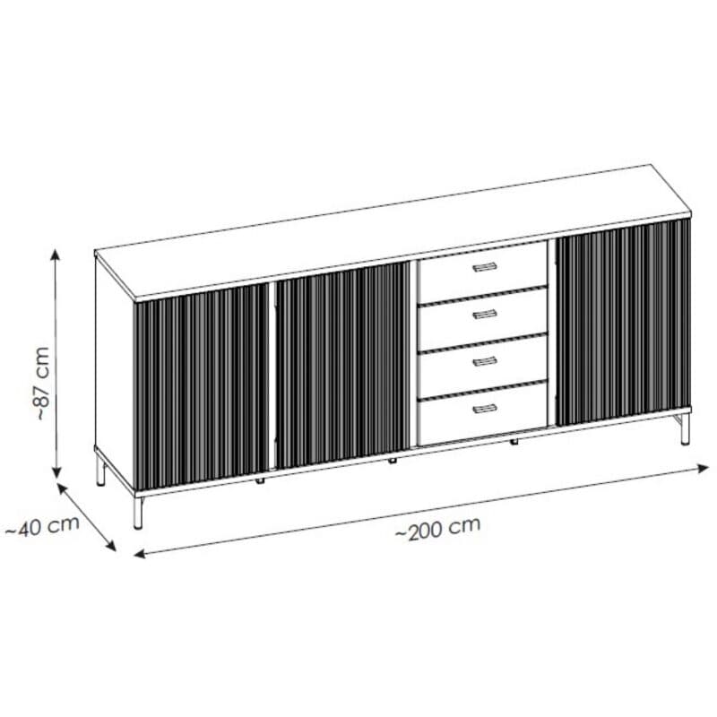 Trendstore Waiola Sideboard in Dekor schwarz graphit - Maßskizze