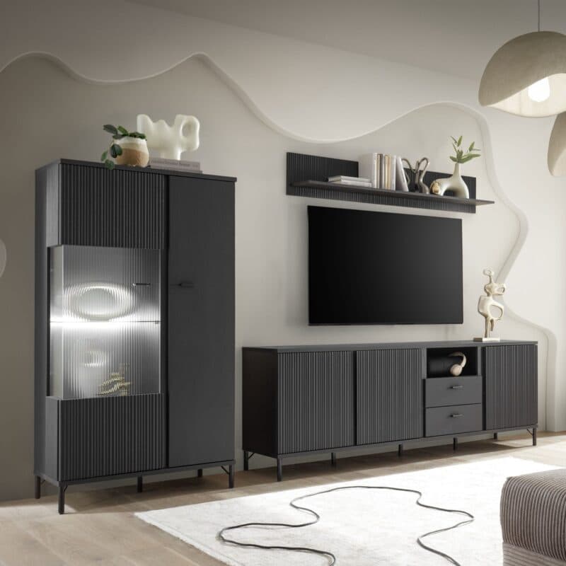 Trendstore Waiola Wohnkombination in Dekor schwarz graphit mit Beleuchtung - Wohnbeispiel