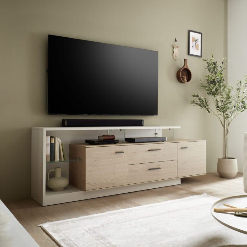 Trendstore Waleah TV-Lowboard - 2 Türen, 2 Schubladen - in Cremona Eiche Torro Nachbildung mit Absetzung in Dekor kaschmir - Wohnbeispiel