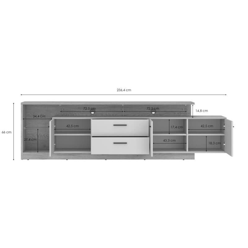 Trendstore Waleah TV-Lowboard - 3 Türen, 2 Schubladen - in Dekor kaschmir mit Absetzung in Cremona Eiche Torro Nachbildung - Maßskizze