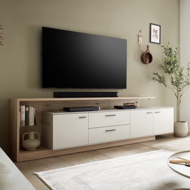 Trendstore Waleah TV-Lowboard - 3 Türen, 2 Schubladen - in Dekor kaschmir mit Absetzung in Cremona Eiche Torro Nachbildung - Wohnbeispiel