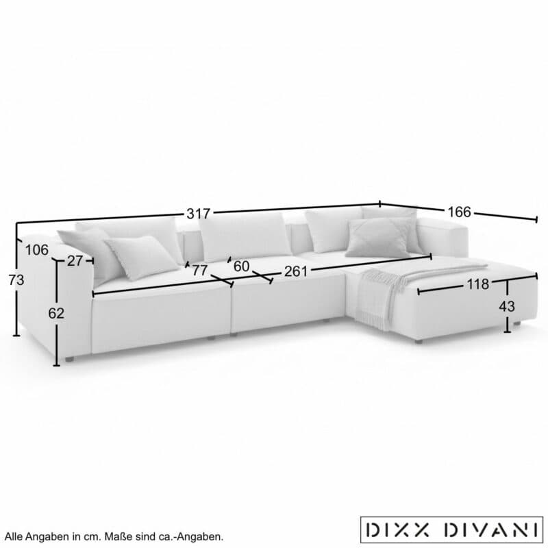 Dixx Divani Six Ecksofa in Bezug Storm 2 - Longchair rechts - Maßskizze