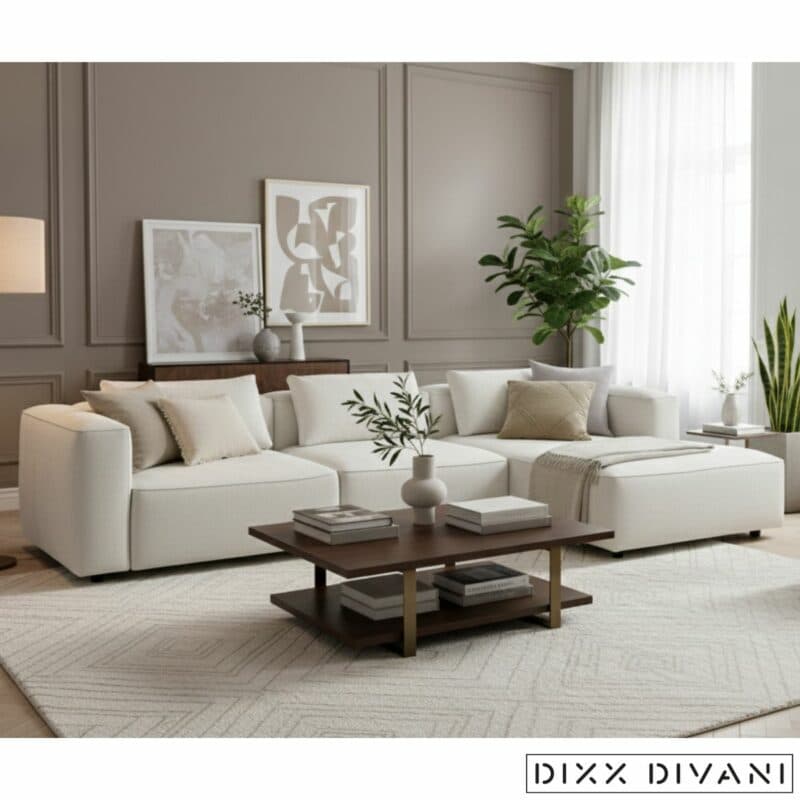 Dixx Divani Six Ecksofa in Bezug Storm 2 - Longchair rechts - Wohnbeispiel