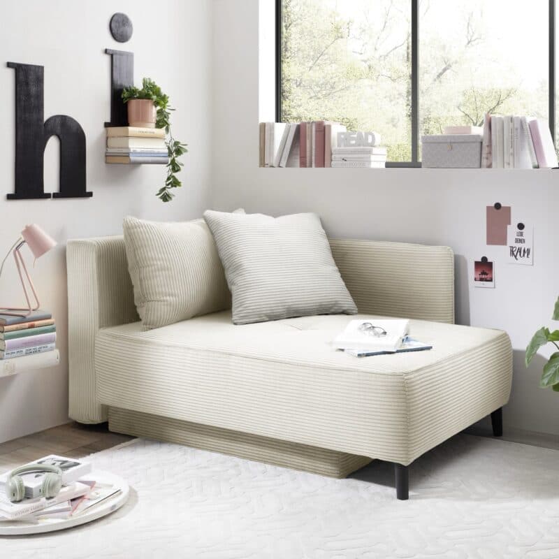 Trendstore Jadyn Recamiere mit Bettfunktion und Bettkasten in Bezug Cord beige - Wohnbeispiel Armlehne links montiert