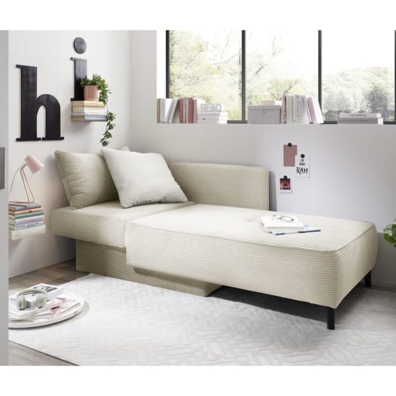 Trendstore Jadyn Recamiere mit Bettfunktion und Bettkasten in Bezug Cord beige - Wohnbeispiel mit Funktion Armlehne links montiert